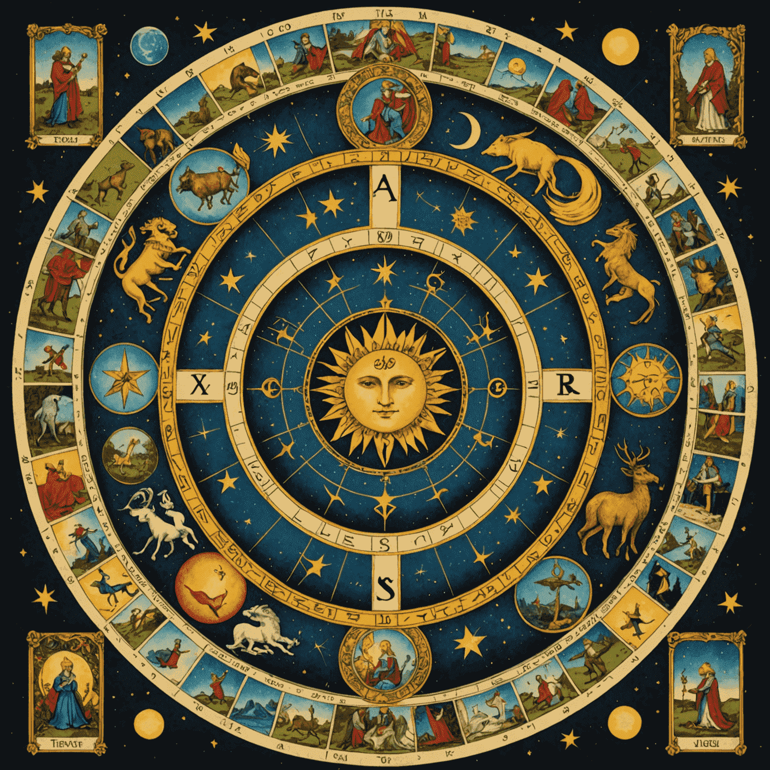 Tarot kártyák körben elrendezve, középen zodiákus jelekkel, illusztrálva a Tarot és az asztrológia kapcsolatát.