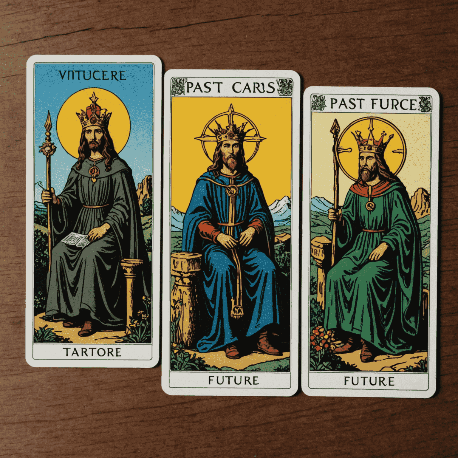 Három tarot kártya egymás mellett, mindegyik alatt felirat: Múlt, Jelen, Jövő