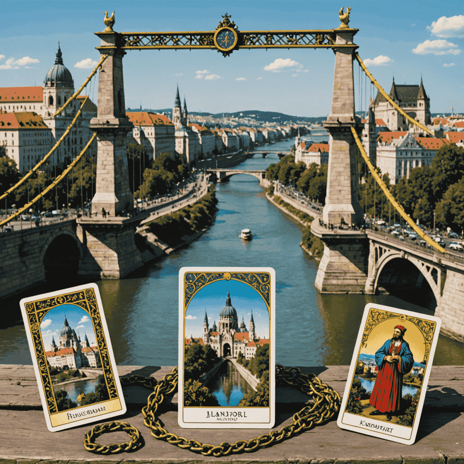 Magyar népművészeti motívumokkal díszített Tarot kártyák, háttérben a budapesti Lánchíddal, jelképezve a magyar Tarot hagyományokat.